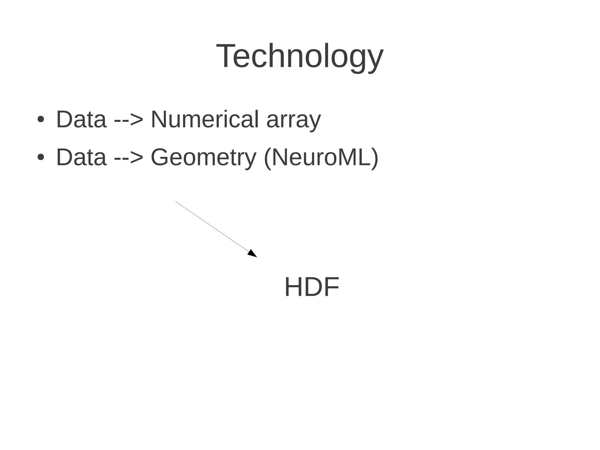 Technology
●   Data --> Numerical array
●   Data --> Geometry (NeuroML)




                        HDF
 