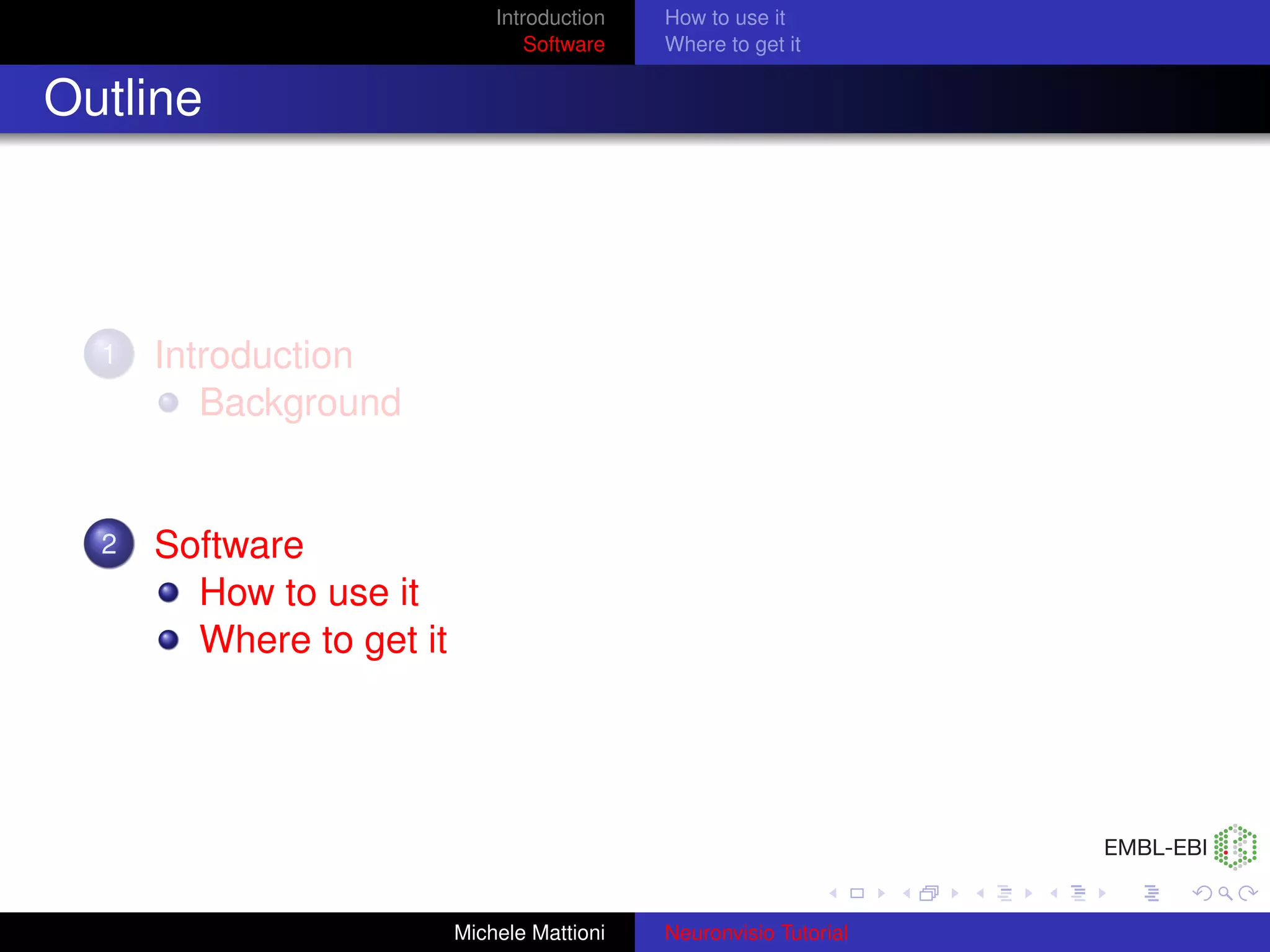 Introduction   How to use it
                                  Software   Where to get it


Outline



  1   Introduction
         Background


  2   Software
        How to use it
        Where to get it




                          Michele Mattioni   Neuronvisio Tutorial
 