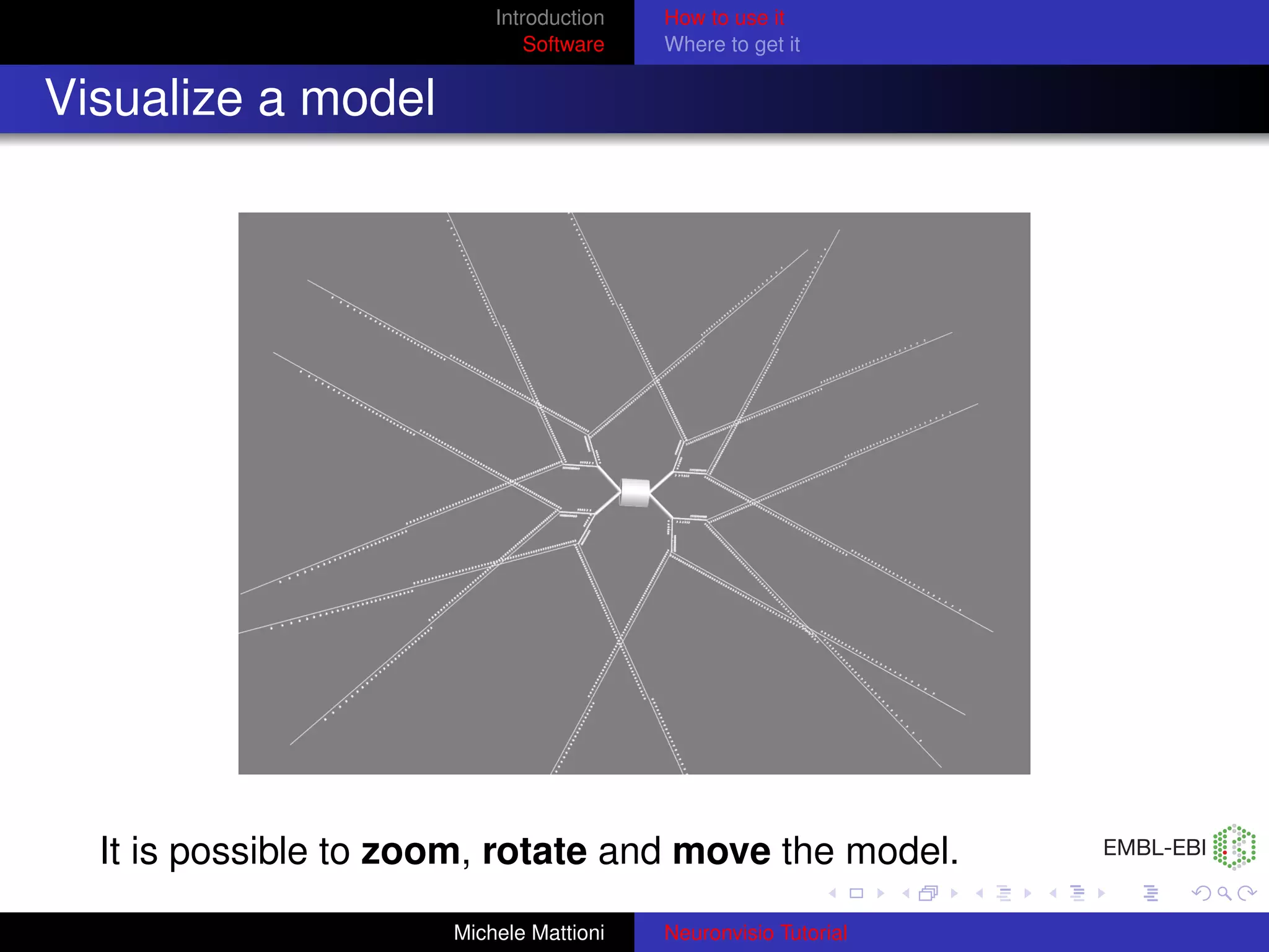 Introduction   How to use it
                              Software   Where to get it


Visualize a model




  It is possible to zoom, rotate and move the model.
                      Michele Mattioni   Neuronvisio Tutorial
 