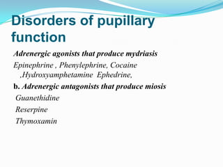 Disorders of pupillary
function
Adrenergic agonists that produce mydriasis
Epinephrine , Phenylephrine, Cocaine
  ,Hydroxyamphetamine Ephedrine,
b. Adrenergic antagonists that produce miosis
Guanethidine
Reserpine
Thymoxamin
 