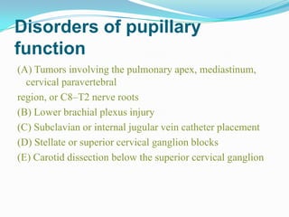 Disorders of pupillary
function
(A) Tumors involving the pulmonary apex, mediastinum,
  cervical paravertebral
region, or C8–T2 nerve roots
(B) Lower brachial plexus injury
(C) Subclavian or internal jugular vein catheter placement
(D) Stellate or superior cervical ganglion blocks
(E) Carotid dissection below the superior cervical ganglion
 