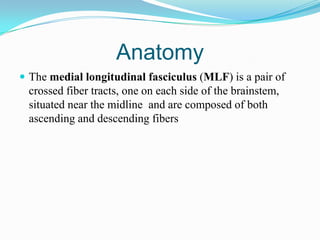 Anatomy
 The medial longitudinal fasciculus (MLF) is a pair of
 crossed fiber tracts, one on each side of the brainstem,
 situated near the midline and are composed of both
 ascending and descending fibers
 
