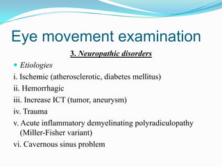 Eye movement examination
                3. Neuropathic disorders
 Etiologies
i. Ischemic (atherosclerotic, diabetes mellitus)
ii. Hemorrhagic
iii. Increase ICT (tumor, aneurysm)
iv. Trauma
v. Acute inflammatory demyelinating polyradiculopathy
   (Miller-Fisher variant)
vi. Cavernous sinus problem
 