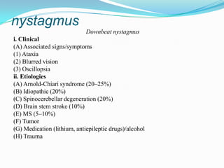 nystagmus
                             Downbeat nystagmus
i. Clinical
(A) Associated signs/symptoms
(1) Ataxia
(2) Blurred vision
(3) Oscillopsia
ii. Etiologies
(A) Arnold-Chiari syndrome (20–25%)
(B) Idiopathic (20%)
(C) Spinocerebellar degeneration (20%)
(D) Brain stem stroke (10%)
(E) MS (5–10%)
(F) Tumor
(G) Medication (lithium, antiepileptic drugs)/alcohol
(H) Trauma
 
