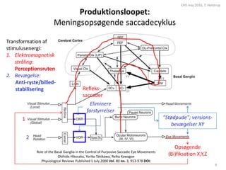 Produktionsloopet:
Meningsopsøgende saccadecyklus
Role of the Basal Ganglia in the Control of Purposive Saccadic Eye Movements
Okihide Hikosaka, Yoriko Takikawa, Reiko Kawagoe
Physiological Reviews Published 1 July 2000 Vol. 80 no. 3, 953-978 DOI:
Eliminere
forstyrrelser
”Stødpude”; versions-
bevægelser XY
Refleks-
saccader
Opsøgende
(Bi)fiksation X,Y,Z
CHS maj 2016, T. Helstrup
9
Transformation af
stimulusenergi:
1. Elektromagnetisk
stråling:
Perceptionsruten
2. Bevægelse:
Anti-ryste/billed-
stabilisering
1
2
 