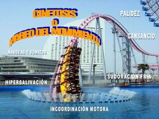 CINETOSIS  o MAREO DEL MOVIMIENTO NAUSEAS Y VÓMITOS SUDORACIÓN FRIA  PALIDEZ CANSANCIO INCOORDINACIÓN MOTORA HIPERSALIVACIÓN 