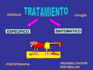 TRATAMIENTO ESPECIFICO SINTOMÁTICO -DROGAS - -REHABILITACION VESTIBULAR -PSICOTERAPIA cirugía 