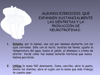 ALGUNOS EJERCICIOS QUE
EXPANDEN SUSTANCIALMENTE
LAS DENTRITAS Y LA
PRODUCCIÓN DE
NEUROTROFINAS:
1.1. IntentaIntenta, por lo menos, una vez por semana ducharte con los
ojos cerrados. Sólo con el tacto, localiza las llaves, ajusta la
temperatura del agua, busca el jabón, el shampoo o crema de
afeitar. Verás cómo tus manos notarán texturas que nunca
habías percibido.
2.2. UtilizaUtiliza la mano NO dominante. Come, escribe, abre la pasta,
lávate los dientes, abre el cajón con la mano que más trabajo
te cueste usar.
 
