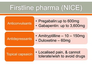 • Pregabalin:up to 600mg
• Gabapentin: up to 3,600mg
Anticonvulsants
• Amitryptilline – 10 – 150mg
• Duloxetine – 60mgAntidepressants
• Localised pain, & cannot
tolerate/wish to avoid drugs
Topical capsaicin
 
