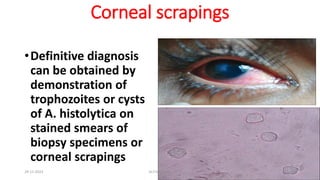 Corneal scrapings
•Definitive diagnosis
can be obtained by
demonstration of
trophozoites or cysts
of A. histolytica on
stained smears of
biopsy specimens or
corneal scrapings
29-11-2023 Dr.T.V.Rao MD 41
 