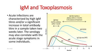 IgM and Toxoplasmosis
• Acute infections are
characterized by high IgM
titres and/or a significant
increase in total antibody
titre in a sample taken two
weeks later. The serology
may also correlate with the
acute stage symptoms in
some individuals.
29-11-2023 Dr.T.V.Rao MD 49
 