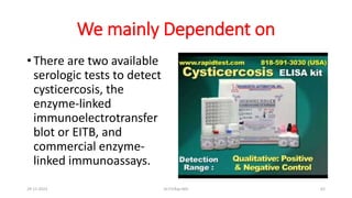We mainly Dependent on
• There are two available
serologic tests to detect
cysticercosis, the
enzyme-linked
immunoelectrotransfer
blot or EITB, and
commercial enzyme-
linked immunoassays.
29-11-2023 Dr.T.V.Rao MD 62
 