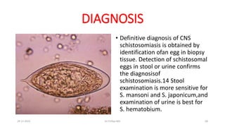 DIAGNOSIS
• Definitive diagnosis of CNS
schistosomiasis is obtained by
identification ofan egg in biopsy
tissue. Detection of schistosomal
eggs in stool or urine confirms
the diagnosisof
schistosomiasis.14 Stool
examination is more sensitive for
S. mansoni and S. japonicum,and
examination of urine is best for
S. hematobium.
29-11-2023 Dr.T.V.Rao MD 68
 