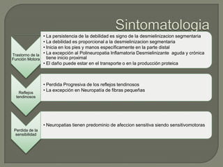 • La persistencia de la debilidad es signo de la desmielinizacion segmentaria
                • La debilidad es proporcional a la desmielinizacion segmentaria
                • Inicia en los pies y manos específicamente en la parte distal
Trastorno de la • La excepción al Polineuropatia Inflamatoria Desmielinizante aguda y crónica
Función Motora    tiene inicio proximal
                • El daño puede estar en el transporte o en la producción proteica



                 • Perdida Progresiva de los reflejos tendinosos
    Reflejos
                 • La excepción en Neuropatía de fibras pequeñas
  tendinosos




                 • Neuropatias tienen predominio de afeccion sensitiva siendo sensitivomotoras
 Perdida de la
  sensibilidad
 