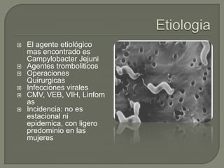    El agente etiológico
    mas encontrado es
    Campylobacter Jejuni
   Agentes tromboliticos
   Operaciones
    Quirurgicas
   Infecciones virales
   CMV, VEB, VIH, Linfom
    as
   Incidencia: no es
    estacional ni
    epidemica, con ligero
    predominio en las
    mujeres
 