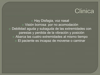   Hay Disfagia, voz nasal
            Visión borrosa por no acomodación
   Debilidad aguda y subaguda de las extremidades con
        paresias y perdida de la vibración y posición
     Abarca las cuatro extremidades al mismo tiempo
      El paciente es incapaz de moverse o caminar
 
