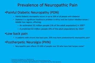 Prevalence of Neuropathic Pain Painful Diabetic Neuropathy (PDN) Painful diabetic neuropathy occurs in up to 26% of all people with diabetes 1 Diabetes is a significant healthcare problem in Africa and the Eastern Mediterranean / Middle East regions, affecting: An estimated 35 million people (5% of the adult population) in 2007 2 A predicted 63 million people (6% of the adult population) by 2025 2 Low back pain In patients with chronic low back pain, 35% may have predominantly neuropathic pain 3   Postherpetic Neuralgia (PHN) Neuropathic pain affects 25-50% of people over 50 who have had herpes zoster 4 1. Davies M, et al. Diabetes Care. 2006;29:1518-22. 2. International Diabetes Federation. Diabetes Atlas. 3rd ed. Brussels (Belgium); 2006. 3. Freynhagen R, et al. Curr Med Res Opin. 2006;22:1911-20.  4. Schmader KE. Clin J Pain 2002; 18(6):350-54.  