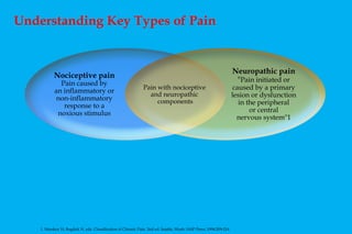 Nociceptive pain Pain caused by an inflammatory or non-inflammatory response to a noxious stimulus Neuropathic pain " Pain initiated or caused by a primary lesion or dysfunction in the peripheral or central nervous system"1 Pain with nociceptive  and neuropathic  components 1. Merskey H, Bogduk N, eds. Classification of Chronic Pain. 2nd ed. Seattle, Wash: IASP Press; 1994:209-214.  Understanding Key Types of Pain 