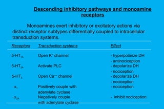 Descending inhibitory pathways and monoamine receptors Receptors   Transduction systems Effect 5-HT 1A   Open K +  channel - hyperpolarize DH   - antinociception 5-HT 2A   Activate PLC   - depolarize DH   - nociception  5-HT 3   Open Ca ++  channel - depolarize DH   - nociception  1   Positively couple with - nociception   adenylate cyclase  2A    Negatively couple  -  inhibit nociception   with adenylate cyclase Monoamines exert inhibitory or excitatory actions via  distinct receptor subtypes differentially coupled to intracellular  transduction systems. 