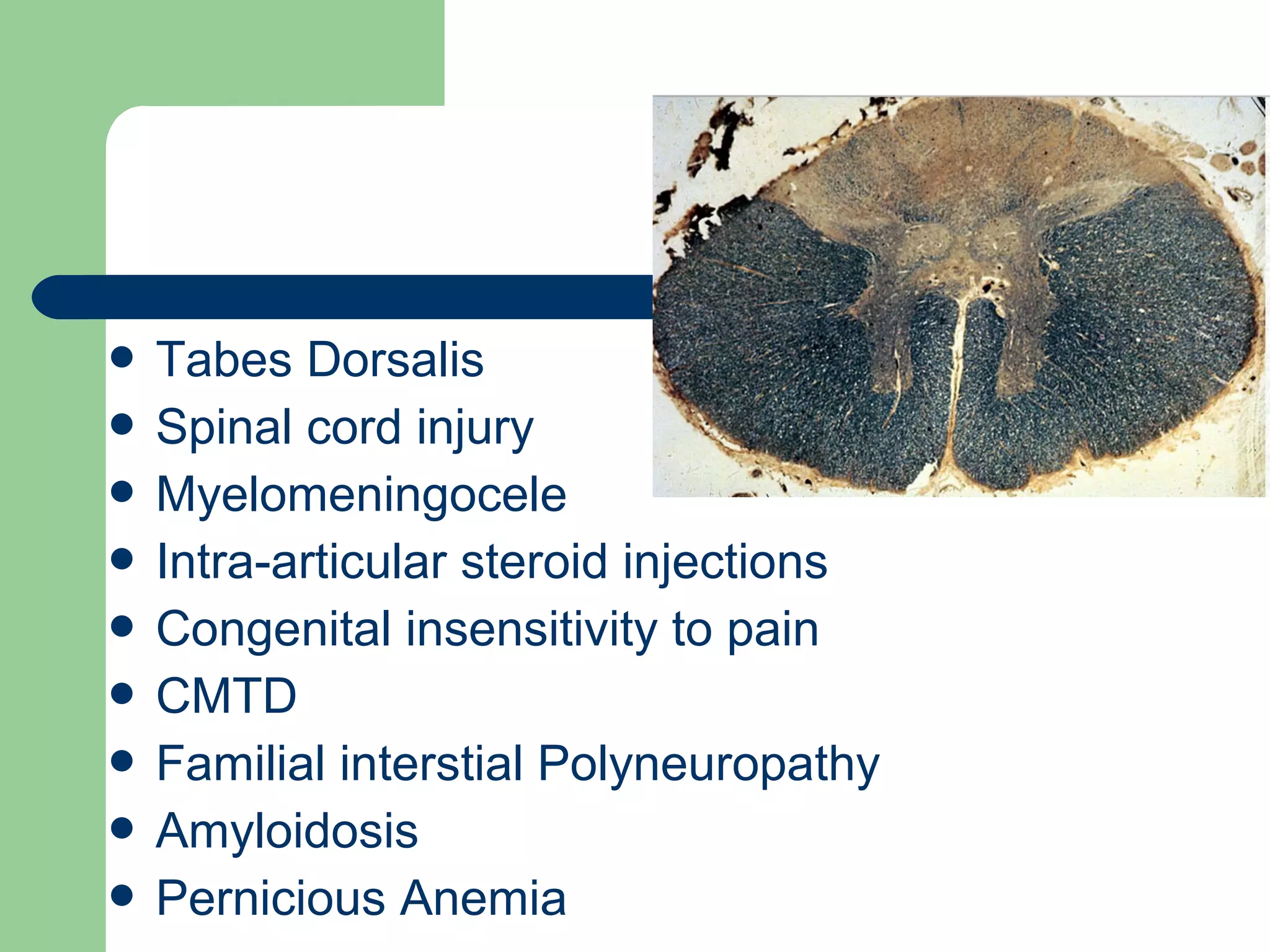  Tabes Dorsalis
 Spinal cord injury
 Myelomeningocele
 Intra-articular steroid injections
 Congenital insensitivity to pain
 CMTD
 Familial interstial Polyneuropathy
 Amyloidosis
 Pernicious Anemia
 