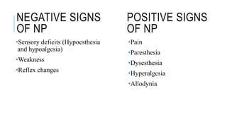 POSITIVE SIGNS
OF NP
•Pain
•Paresthesia
•Dysesthesia
•Hyperalgesia
•Allodynia
NEGATIVE SIGNS
OF NP
•Sensory deficits (Hypoesthesia
and hypoalgesia)
•Weakness
•Reflex changes
 
