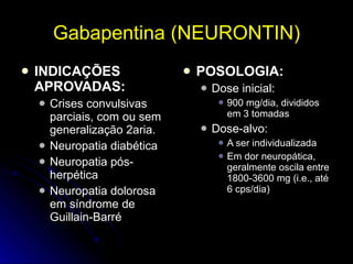 Gabapentina (NEURONTIN) <ul><li>INDICAÇÕES APROVADAS: </li></ul><ul><ul><li>Crises convulsivas parciais, com ou sem genera...