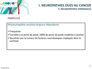 Copyright AFSOS
20
Polyneuropathie sensitive longueur dépendante
Fréquente
Corrélée à la perte de poids (40% de perte de poids modérée à sévère)
Sécrétion par la tumeur de facteurs neurotoxiques impliqués dans la
cachexie
I. NEUROPATHIES DUES AU CANCER
4. NEUROPATHIES TERMINALES
POINTS CLÉ
 