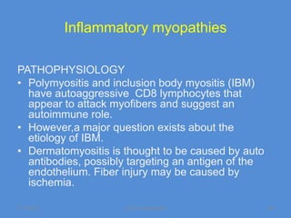 Inflammatory myopathies

PATHOPHYSIOLOGY
• Polymyositis and inclusion body myositis (IBM)
  have autoaggressive CD8 lymphocytes that
  appear to attack myofibers and suggest an
  autoimmune role.
• However,a major question exists about the
  etiology of IBM.
• Dermatomyositis is thought to be caused by auto
  antibodies, possibly targeting an antigen of the
  endothelium. Fiber injury may be caused by
  ischemia.

11/19/2011           Jipmer physiologist             68
 