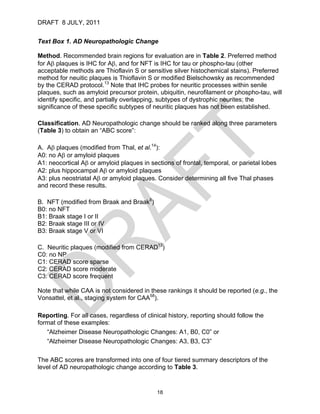 DRAFT 8 JULY, 2011


Text Box 1. AD Neuropathologic Change

Method. Recommended brain regions for evaluation are in Table 2. Preferred method
for Aβ plaques is IHC for Aβ, and for NFT is IHC for tau or phospho-tau (other
acceptable methods are Thioflavin S or sensitive silver histochemical stains). Preferred
method for neuitic plaques is Thioflavin S or modified Bielschowsky as recommended
by the CERAD protocol.13 Note that IHC probes for neuritic processes within senile
plaques, such as amyloid precursor protein, ubiquitin, neurofilament or phospho-tau, will
identify specific, and partially overlapping, subtypes of dystrophic neurites; the
significance of these specific subtypes of neuritic plaques has not been established.

Classification. AD Neuropathologic change should be ranked along three parameters
(Table 3) to obtain an “ABC score”:

A. Aβ plaques (modified from Thal, et al.14):
A0: no Aβ or amyloid plaques
A1: neocortical Aβ or amyloid plaques in sections of frontal, temporal, or parietal lobes
A2: plus hippocampal Aβ or amyloid plaques
A3: plus neostriatal Aβ or amyloid plaques. Consider determining all five Thal phases
and record these results.

B. NFT (modified from Braak and Braak8)
B0: no NFT
B1: Braak stage I or II
B2: Braak stage III or IV
B3: Braak stage V or VI

C. Neuritic plaques (modified from CERAD13)
C0: no NP
C1: CERAD score sparse
C2: CERAD score moderate
C3: CERAD score frequent

Note that while CAA is not considered in these rankings it should be reported (e.g., the
Vonsattel, et al., staging system for CAA58).

Reporting. For all cases, regardless of clinical history, reporting should follow the
format of these examples:
   “Alzheimer Disease Neuropathologic Changes: A1, B0, C0” or
   “Alzheimer Disease Neuropathologic Changes: A3, B3, C3”

The ABC scores are transformed into one of four tiered summary descriptors of the
level of AD neuropathologic change according to Table 3.


                                            18
 