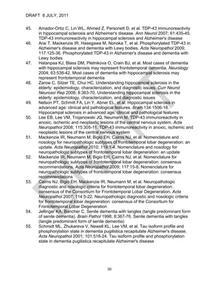 DRAFT 8 JULY, 2011


45.   Amador-Ortiz C, Lin WL, Ahmed Z, Personett D, et al. TDP-43 immunoreactivity
      in hippocampal sclerosis and Alzheimer's disease. Ann Neurol 2007; 61:435-45.
      TDP-43 immunoreactivity in hippocampal sclerosis and Alzheimer's disease
46.   Arai T, Mackenzie IR, Hasegawa M, Nonoka T, et al. Phosphorylated TDP-43 in
      Alzheimer's disease and dementia with Lewy bodies. Acta Neuropathol 2009;
      117:125-36. Phosphorylated TDP-43 in Alzheimer's disease and dementia with
      Lewy bodies
47.   Hatanpaa KJ, Blass DM, Pletnikova O, Crain BJ, et al. Most cases of dementia
      with hippocampal sclerosis may represent frontotemporal dementia. Neurology
      2004; 63:538-42. Most cases of dementia with hippocampal sclerosis may
      represent frontotemporal dementia
48.   Zarow C, Sitzer TE, Chui HC. Understanding hippocampal sclerosis in the
      elderly: epidemiology, characterization, and diagnostic issues. Curr Neurol
      Neurosci Rep 2008; 8:363-70. Understanding hippocampal sclerosis in the
      elderly: epidemiology, characterization, and diagnostic issues
49.   Nelson PT, Schmitt FA, Lin Y, Abner EL, et al. Hippocampal sclerosis in
      advanced age: clinical and pathological features. Brain 134:1506-18.
      Hippocampal sclerosis in advanced age: clinical and pathological features
50.   Lee EB, Lee VM, Trojanowski JQ, Neumann M. TDP-43 immunoreactivity in
      anoxic, ischemic and neoplastic lesions of the central nervous system. Acta
      Neuropathol 2008; 115:305-11. TDP-43 immunoreactivity in anoxic, ischemic and
      neoplastic lesions of the central nervous system
51.   Mackenzie IR, Neumann M, Bigio EH, Cairns NJ, et al. Nomenclature and
      nosology for neuropathologic subtypes of frontotemporal lobar degeneration: an
      update. Acta Neuropathol 2010; 119:1-4. Nomenclature and nosology for
      neuropathologic subtypes of frontotemporal lobar degeneration: an update
52.   Mackenzie IR, Neumann M, Bigio EH, Cairns NJ, et al. Nomenclature for
      neuropathologic subtypes of frontotemporal lobar degeneration: consensus
      recommendations. Acta Neuropathol 2009; 117:15-8. Nomenclature for
      neuropathologic subtypes of frontotemporal lobar degeneration: consensus
      recommendations
53.   Cairns NJ, Bigio EH, Mackenzie IR, Neumann M, et al. Neuropathologic
      diagnostic and nosologic criteria for frontotemporal lobar degeneration:
      consensus of the Consortium for Frontotemporal Lobar Degeneration. Acta
      Neuropathol 2007; 114:5-22. Neuropathologic diagnostic and nosologic criteria
      for frontotemporal lobar degeneration: consensus of the Consortium for
      Frontotemporal Lobar Degeneration
54.   Jellinger KA, Bancher C. Senile dementia with tangles (tangle predominant form
      of senile dementia). Brain Pathol 1998; 8:367-76. Senile dementia with tangles
      (tangle predominant form of senile dementia)
55.   Schmidt ML, Zhukareva V, Newell KL, Lee VM, et al. Tau isoform profile and
      phosphorylation state in dementia pugilistica recapitulate Alzheimer's disease.
      Acta Neuropathol 2001; 101:518-24. Tau isoform profile and phosphorylation
      state in dementia pugilistica recapitulate Alzheimer's disease




                                         30
 