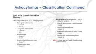 Astrocytomas – Classification ContinuedAstrocytomas – Classification Continued
Two main types based off of
histology:
1.WHO grades II, III, IV – Poor prognosis
• Low-grade astrocytoma
o Grade II
o 10-15%
• Anaplastic astrocytoma
o Grade III
o 25%
• Glioblastoma
o Grade IV
o 50-60%
• Giant cell glioblastoma – rare
o Grade IV
• Gliosarcoma – rare
o Grade IV
2. Localized  WHO grades I and II
– Better prognosis
• Pilocytic astrocytoma – most common
o Grade I
• Pilomyxoid astrocytoma
o Grade II
• Subependymal giant cell astrocytoma
o Grade I
• Pleomorphic xanthoastrocytoma
o Grade II
NOTE: there are no Grade I infiltrating
astrocytomas
 