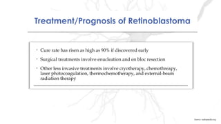 Treatment/Prognosis of RetinoblastomaTreatment/Prognosis of Retinoblastoma
• Cure rate has risen as high as 90% if discovered early
• Surgical treatments involve enucleation and en bloc resection
• Other less invasive treatments involve cryotherapy, chemothreapy,
laser photocoagulation, thermochemotherapy, and external-beam
radiation therapy
• Cure rate has risen as high as 90% if discovered early
• Surgical treatments involve enucleation and en bloc resection
• Other less invasive treatments involve cryotherapy, chemothreapy,
laser photocoagulation, thermochemotherapy, and external-beam
radiation therapy
Source: radiopaedia.org
 