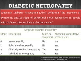 DIABETIC NEUROPATHY
American Diabetes Association (ADA) definition "the presence of
symptoms and/or signs of peripheral nerve dysfunction in people
with diabetes after exclusion of other causes"
Diabetic peripheral neuropathy and its evaluation in a clinical scenario:
A review Dixit S, Maiya A - J Postgrad Med 2014
 