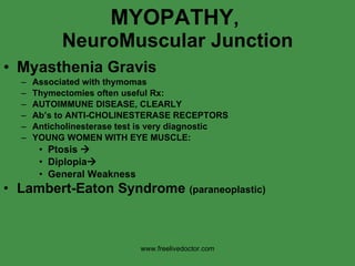 MYOPATHY ,  NeuroMuscular Junction Myasthenia Gravis Associated with thymomas Thymectomies often useful Rx: AUTOIMMUNE DISEASE, CLEARLY Ab’s to ANTI-CHOLINESTERASE RECEPTORS Anticholinesterase test is very diagnostic YOUNG WOMEN WITH EYE MUSCLE: Ptosis   Diplopia  General Weakness Lambert-Eaton Syndrome  (paraneoplastic) www.freelivedoctor.com 