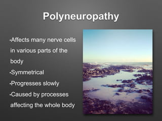 Polyneuropathy
•Affects many nerve cells
in various parts of the
body
•Symmetrical
•Progresses slowly
•Caused by processes
affecting the whole body
 