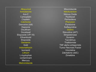 Allopurinol
Amiodarone
Ara-C
Carboplatin
Cisplatin
Colchicine
Danosine (ddl)
Dapsone
Disulfiram
Docetaxel
Etoposide (VP-16)
Ethambutol
Etoposide
Gentamin
Gold
Indomethacin
Isoniazid
Lithium
L-tryptophan
contaminant
Mercury
Metronidazole
Misonidazole
Nitrofurantoin
Nitrous Oxide
Paclitaxel
Perhexilene
Phenytoin
Pyridoxine
Sulfapyridine
Statins
Stavudine (d4T)
Streptokinase
Suramin
Tacrolimus
Thalidomide
TNF-alpha antagonists
Tumor Necrosis Factor
Vincristine
Zalcitabine (ddC)
Zimeldine
 