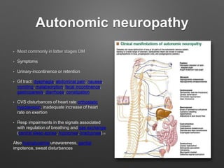 Autonomic neuropathy
• Most commonly in latter stages DM
• Symptoms
• Urinary-incontinence or retention
• GI tract: dysphagia, abdominal pain, nausea,
vomiting, malabsorption, fecal incontinence,
gastroparesis, diarrhoea, constipation
• CVS disturbances of heart rate orthostatic
hypotension, inadequate increase of heart
rate on exertion
• Resp impairments in the signals associated
with regulation of breathing and gas exchange
(central sleep apnea, hypopnea, bradypnea).[5]
Also hypoglycemia unawareness, genital
impotence, sweat disturbances
 