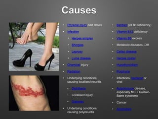 Causes
• Physical injury-bad shoes
• Infection
• Herpes simplex
• Shingles
• Leprosy
• Lyme disease
• Chemical injury
• Radiation
• Underlying conditions
causing localised neuritis
• Diphtheria
• Localised injury
• Diabetes
• Underlying conditions
causing polyneuritis
• Beriberi (vit B1deficiency)
• Vitamin B12 deficiency
• Vitamin B6 excess
• Metabolic diseases -DM
• Celiac disease
• Herpes zoster
• Hypothyroidism
• Porphyria
• Infections, bacterial or
viral
• Autoimmune disease,
especially MS + Guillain-
Barre syndrome
• Cancer
• Alcoholism
 