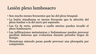 Lesión plexo lumbosacro
• Son mucho menos frecuentes que las del plexo braquial.
• La lesión simultanea es menos frecuente que la afección del
plexo lumbar o la del sacro por separado.
• Los Ca de recto, próstata o cuello uterino pueden invadir el
plexo lumbosacro.
• Las infiltraciones metastasicas y linfomatosas pueden provocar
parálisis dolorosa que evoluciona durante periodos largos de
tiempo.
• Hematoma músculo psoas puede provocar una plexopatía por
compresión.
 