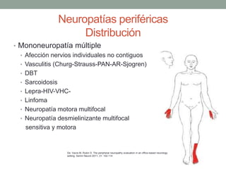 Neuropatías periféricas
Distribución
• Mononeuropatía múltiple
• Afección nervios individuales no contiguos
• Vasculitis (Churg-Strauss-PAN-AR-Sjogren)
• DBT
• Sarcoidosis
• Lepra-HIV-VHC-
• Linfoma
• Neuropatía motora multifocal
• Neuropatía desmielinizante multifocal
sensitiva y motora
De: Vavra M, Rubin D. The peripheral neuropathy evaluation in an office-based neurology
setting. Semin Neurol 2011; 31: 102-114
 