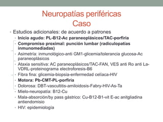 Neuropatías periféricas
Caso
• Estudios adicionales: de acuerdo a patrones
• Inicio agudo: PL-B12-Ac paraneoplásicos/TAC-porfiria
• Compromiso proximal: punción lumbar (radiculopatías
inmunomediadas)
• Asimetría: inmunológico-anti GM1-glicemia/tolerancia glucosa-Ac
paraneoplásicos
• Ataxia sensitiva: AC paraneoplásicos/TAC-FAN, VES anti Ro anti La-
VDRL-proteinograma electroforesis-B6
• Fibra fina: glicemia-biopsia-enfermedad celíaca-HIV
• Motora: Pb-CMT-PL-porfiria
• Dolorosa: DBT-vascultitis-amiloidosis-Fabry-HIV-As-Ta
• Mielo-neuropatía: B12-Cu
• Mala-absorción/by pass gástrico: Cu-B12-B1-vit E-ac anitgliadina
antiendomisio
• HIV: epidemiología
 