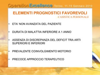 ELEMENTI PROGNOSTICI FAVOREVOLI
• ETA’ NON AVANZATA DEL PAZIENTE
• DURATA DI MALATTIA INFERIORE A 1 ANNO
• ASSENZA DI DISCREPANZA DEL DEFICIT TRA ARTI
SUPERIORI E INFERIORI
• PREVALENTE COINVOLGIMENTO MOTORIO
• PRECOCE APPROCCIO TERAPEUTICO
..CASISTICA PERSONALE
 
