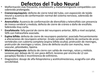 Defectos del Tubo Neural• Malformación mas frecuente, encefalocele y mielomeningocele compatibles con
sobrevida prolongada.
• Craneoraquisquisis: defecto de cierre total del tubo, con exposición de tejido
neural y ausencia de conformación normal del sistema nervioso, sobrevida de
pocos días.
• Anencefalia: Ausencia de conformación de diencéfalo y telencéfalo con presencia
de tronco cerebral y medula; defecto de cierre de cráneo o daño de encéfalo.
Sobrevida muy corta.
• Encefalocele: falla parcial de cierre del neuroporo anterior, 80% a nivel occipital,
50% con hidrocefalia asociada.
• Espina bífida: defecto de cierre de neuroporo posterior; asociada frecuentemente
a alteraciones de neuroporo anterior. Grado variable: defecto de contacto de arcos
vertebrales con cubierta completa (espina bífida oculta); protrusión de meninges,
protrusión de meninges y raíces. Zona de defecto oculto con mancha, nevo
vascular, pilosidades, lipoma.
• Mielomeningocele: defecto de cierre con salida de meninge, raíces y médula.
Lesiones por debajo de S1 con poco déficit; lesiones por encima de L2 con
paraplejia flácida e incontinencia de esfínteres.
• Diagnostico: dosaje de alfa-fetoproteina y acetilcolinesterasa, ecografía con alta
sensibilidad.
10
 