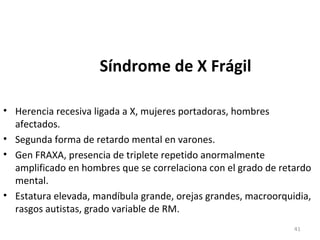 Síndrome de X Frágil
• Herencia recesiva ligada a X, mujeres portadoras, hombres
afectados.
• Segunda forma de retardo mental en varones.
• Gen FRAXA, presencia de triplete repetido anormalmente
amplificado en hombres que se correlaciona con el grado de retardo
mental.
• Estatura elevada, mandíbula grande, orejas grandes, macroorquidia,
rasgos autistas, grado variable de RM.
41
 