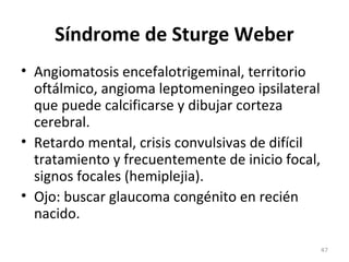 Síndrome de Sturge Weber
• Angiomatosis encefalotrigeminal, territorio
oftálmico, angioma leptomeningeo ipsilateral
que puede calcificarse y dibujar corteza
cerebral.
• Retardo mental, crisis convulsivas de difícil
tratamiento y frecuentemente de inicio focal,
signos focales (hemiplejia).
• Ojo: buscar glaucoma congénito en recién
nacido.
47
 