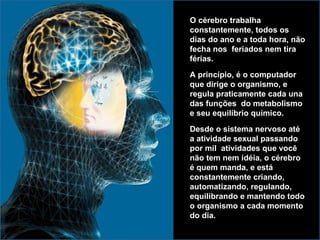 O cérebro trabalha constantemente, todos os dias do ano e a toda hora, não fecha nos  feriados nem tira férias.  A princípio, é o computador que dirige o organismo, e regula praticamente cada una das funções  do metabolismo e seu equilíbrio químico.  Desde o sistema nervoso até a atividade sexual passando por mil  atividades que você  não tem nem idéia, o cérebro é quem manda, e está constantemente criando, automatizando, regulando, equilibrando e mantendo todo o organismo a cada momento do dia.  