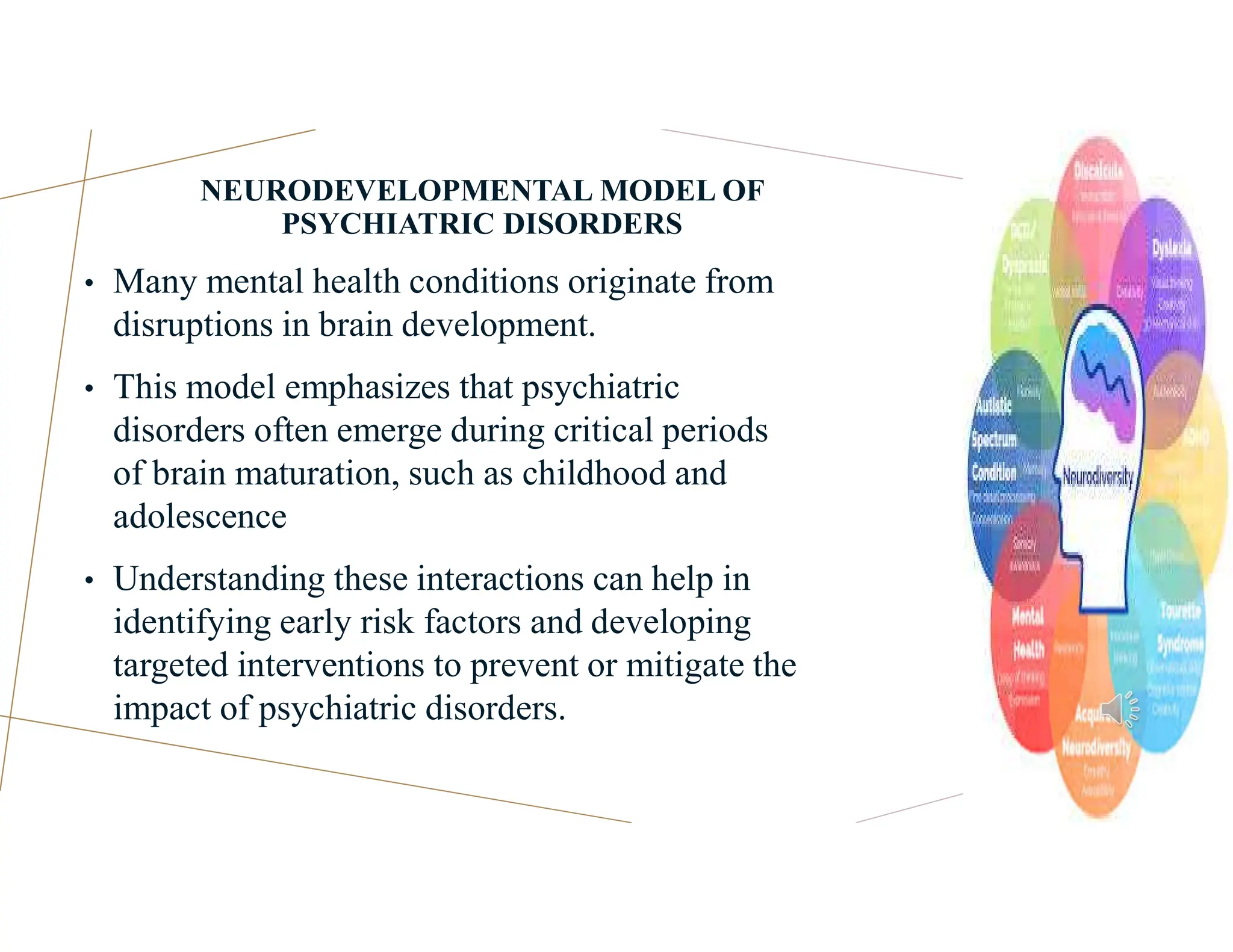 NEURODEVELOPMENTAL MODEL OF
PSYCHIATRIC DISORDERS
• Many mental health conditions originate from
disruptions in brain development.
• This model emphasizes that psychiatric
disorders often emerge during critical periods
of brain maturation, such as childhood and
adolescence
• Understanding these interactions can help in
identifying early risk factors and developing
targeted interventions to prevent or mitigate the
impact of psychiatric disorders.
 