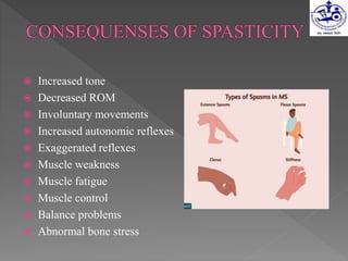  Increased tone
 Decreased ROM
 Involuntary movements
 Increased autonomic reflexes
 Exaggerated reflexes
 Muscle weakness
 Muscle fatigue
 Muscle control
 Balance problems
 Abnormal bone stress
 