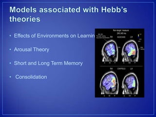 • Effects of Environments on Learning
• Arousal Theory
• Short and Long Term Memory
• Consolidation
 