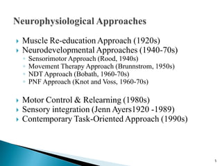  Muscle Re-education Approach (1920s)
 Neurodevelopmental Approaches (1940-70s)
◦ Sensorimotor Approach (Rood, 1940s)
◦ Movement Therapy Approach (Brunnstrom, 1950s)
◦ NDT Approach (Bobath, 1960-70s)
◦ PNF Approach (Knot and Voss, 1960-70s)
 Motor Control & Relearning (1980s)
 Sensory integration (Jenn Ayers1920 -1989)
 Contemporary Task-Oriented Approach (1990s)
5
 